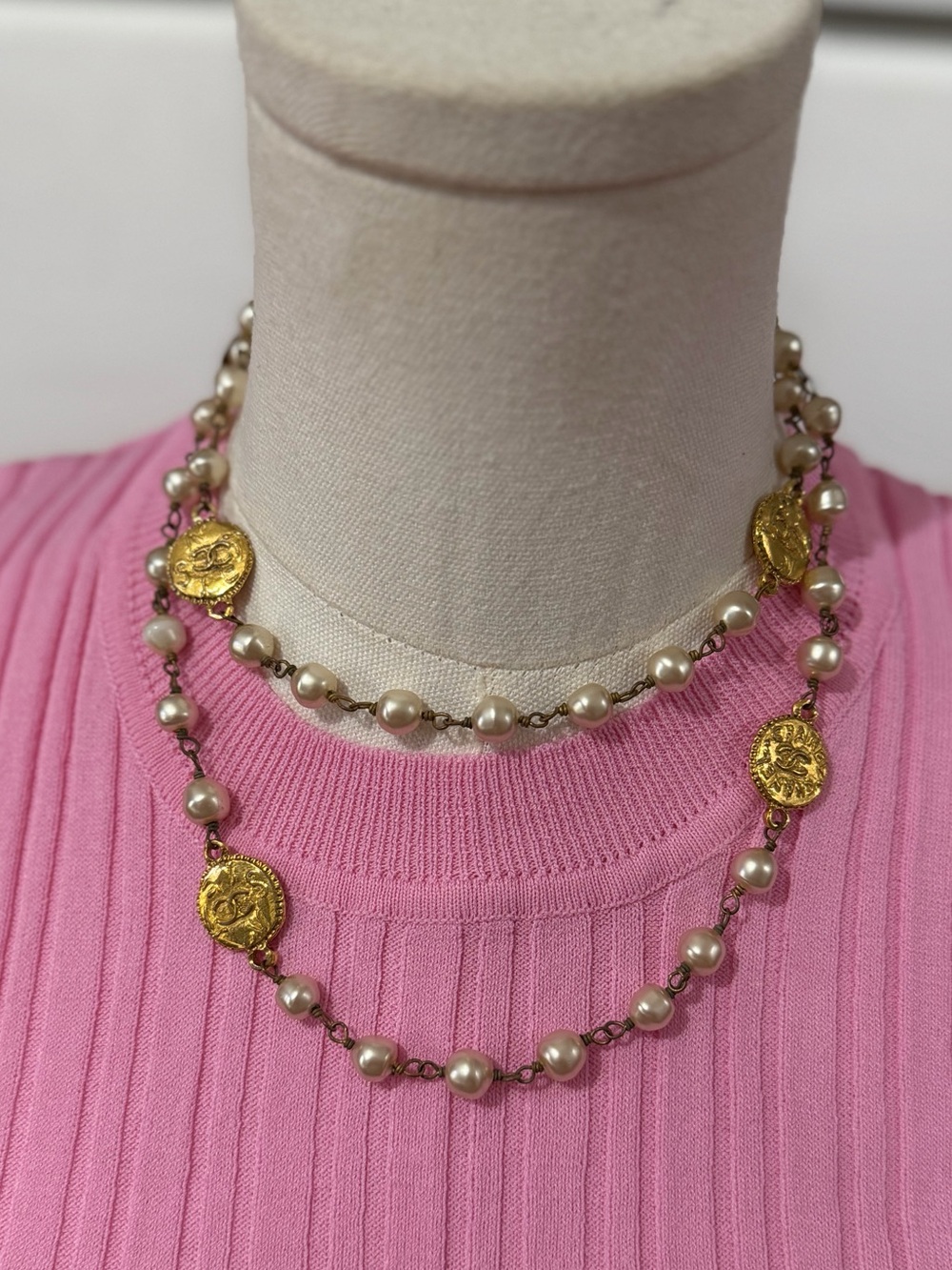 Chanel Gold Coin & Pearl Layered Necklace - Pink